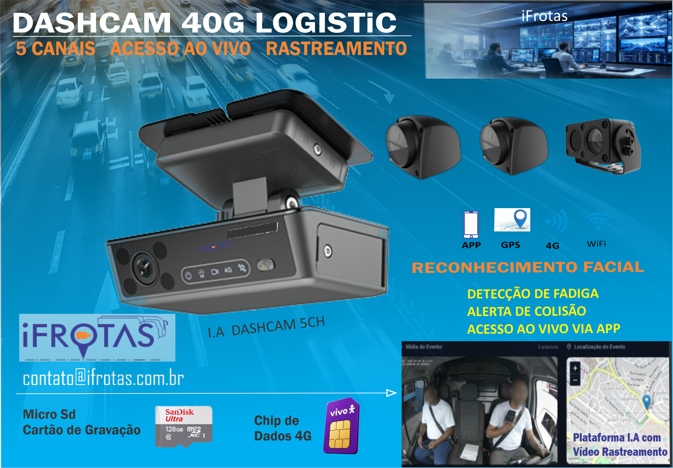 Dashcamera 40G_Logistic suporta de 2 a 5 cameras